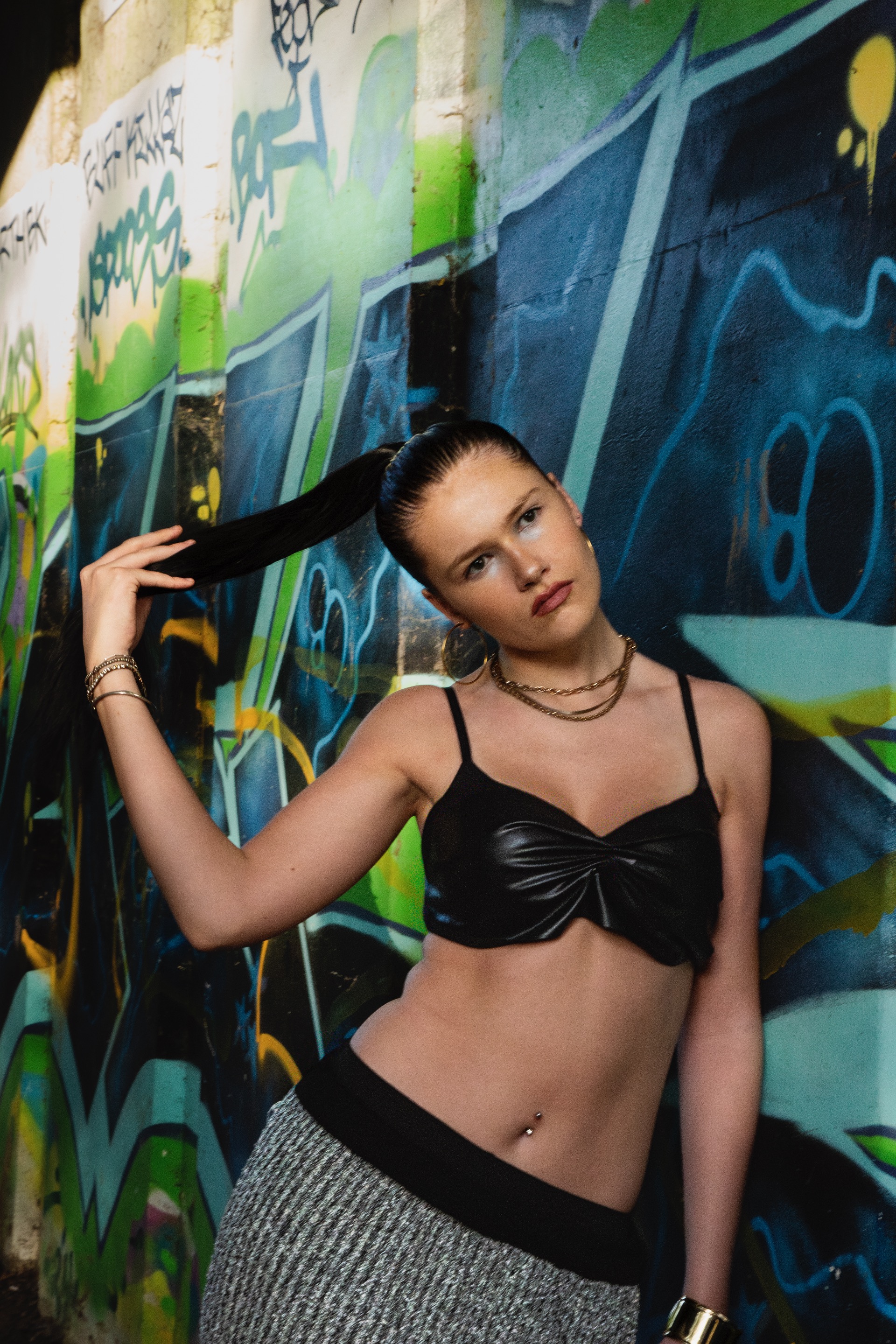 Look IV - Textured knit and leather bustier